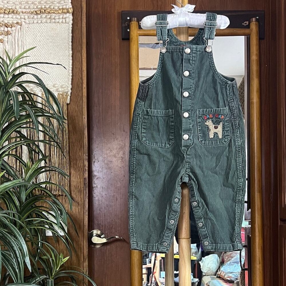 Vintage Baby GAP Corduroy Overalls 18-24M Green Explorers Dog Embroidered Snap